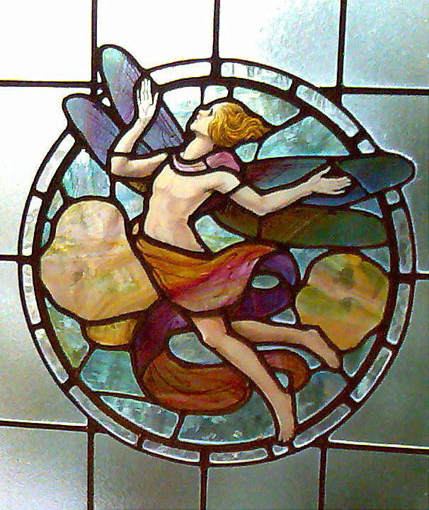 Hand-painted fairy roundel stained glass panel by Liverpool Glass & Joinery