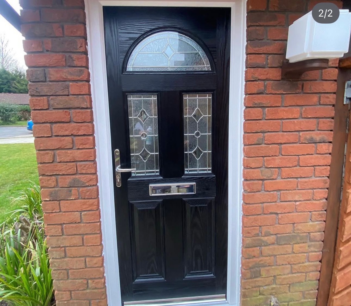 Black composite front door with arched leaded fanlight, Liverpool