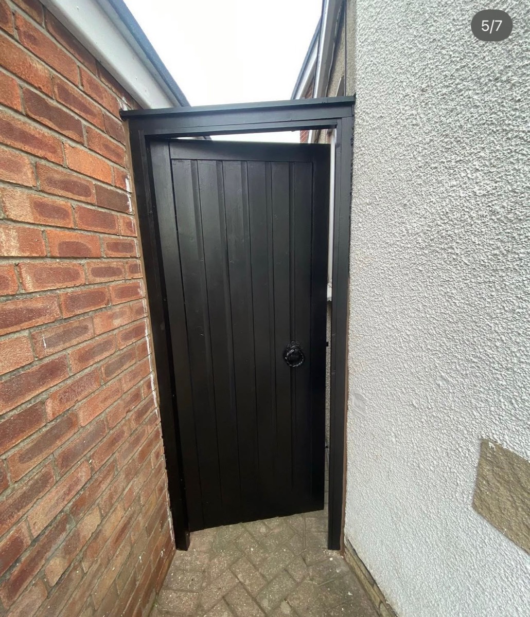 Bespoke black painted timber side gate between properties, Liverpool