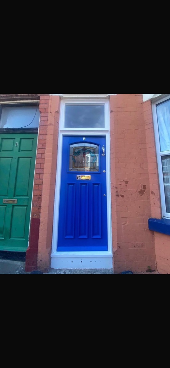 Cobalt blue bespoke timber front door with leaded fanlight, Liverpool terrace