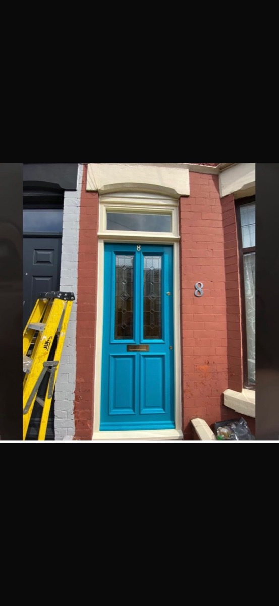 Teal timber front door with leaded lights fitted in Liverpool terrace