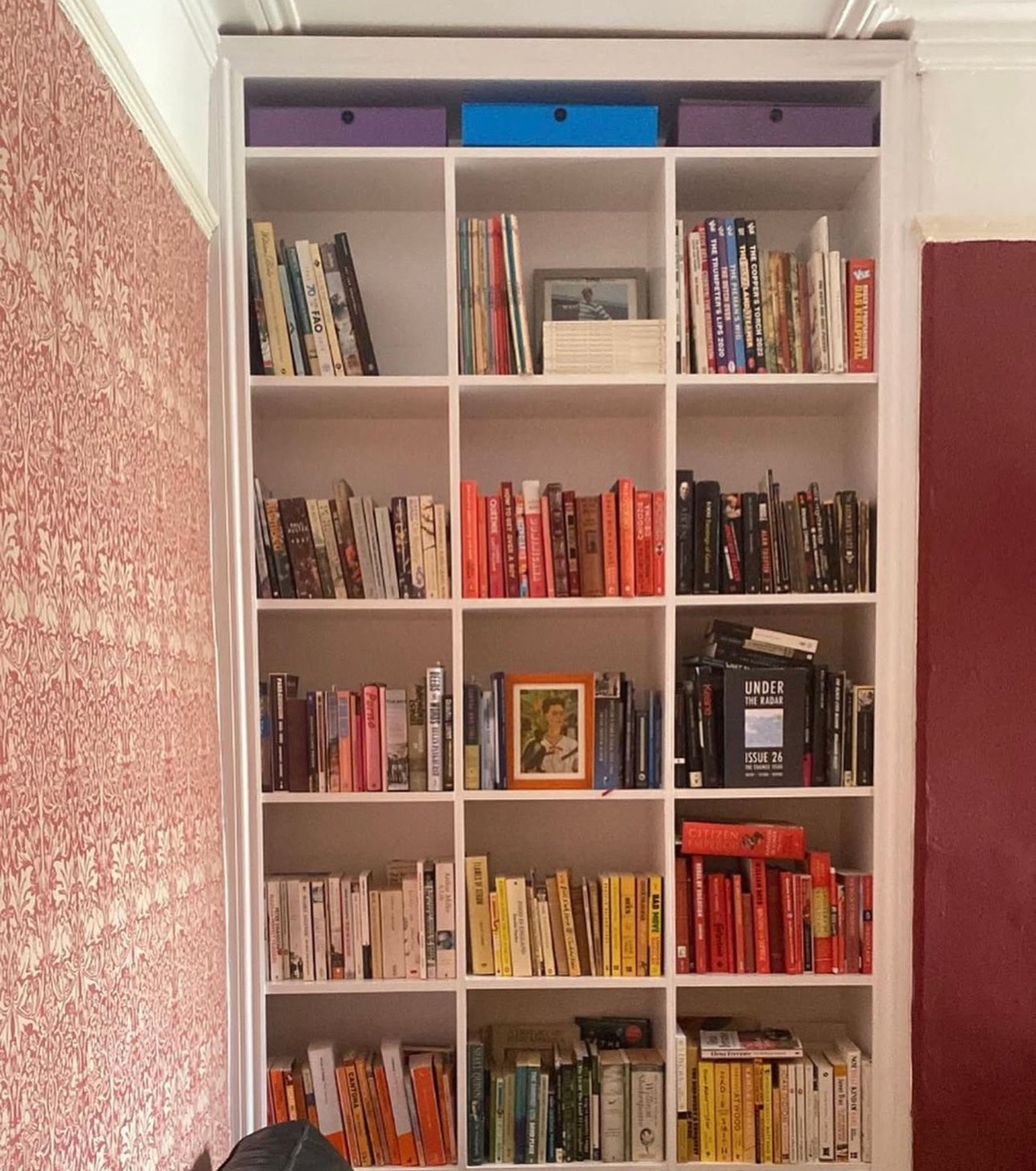 White fitted floor-to-ceiling bookcase, bespoke Liverpool joinery