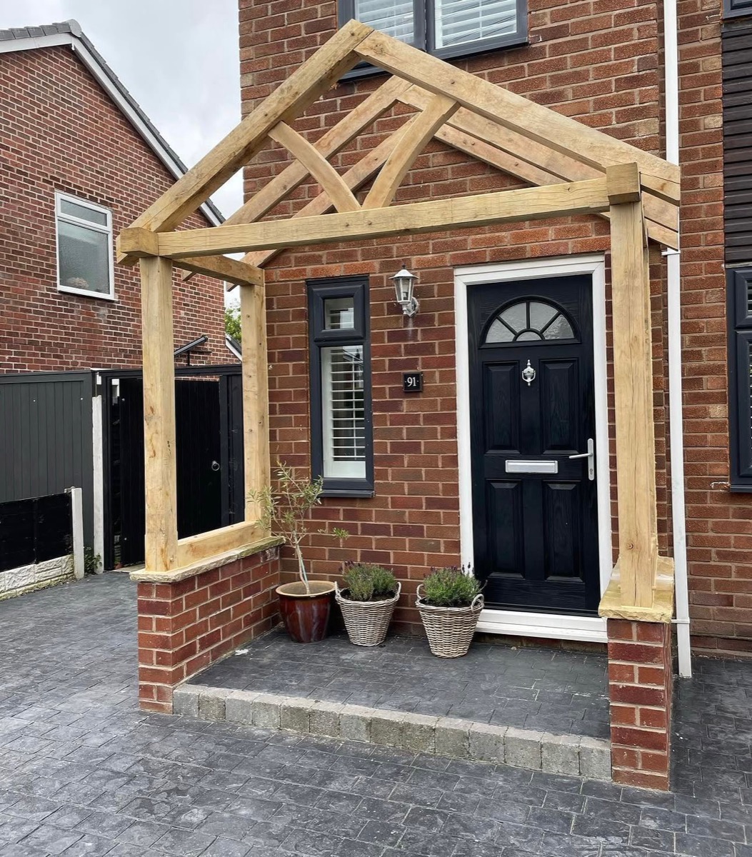 Oak king-post porch canopy frame with decorative bracing, Liverpool