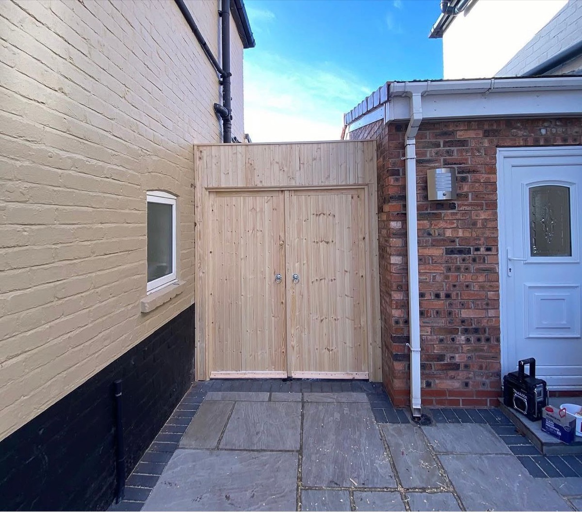 Natural pine exterior double gates, bespoke Liverpool joinery