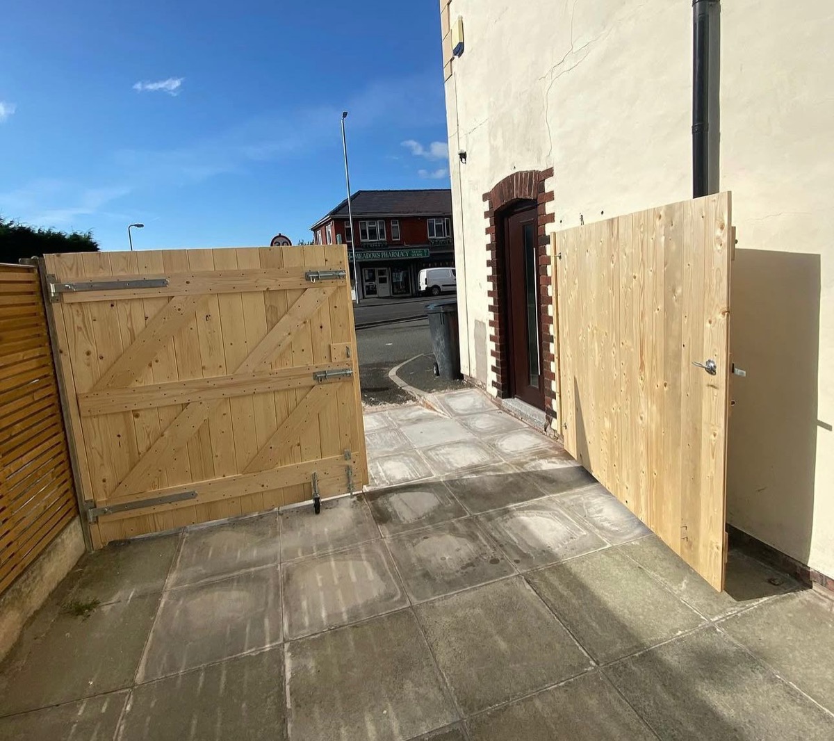 Natural pine garden gates fitted by S.Woodcock Joinery Specialists