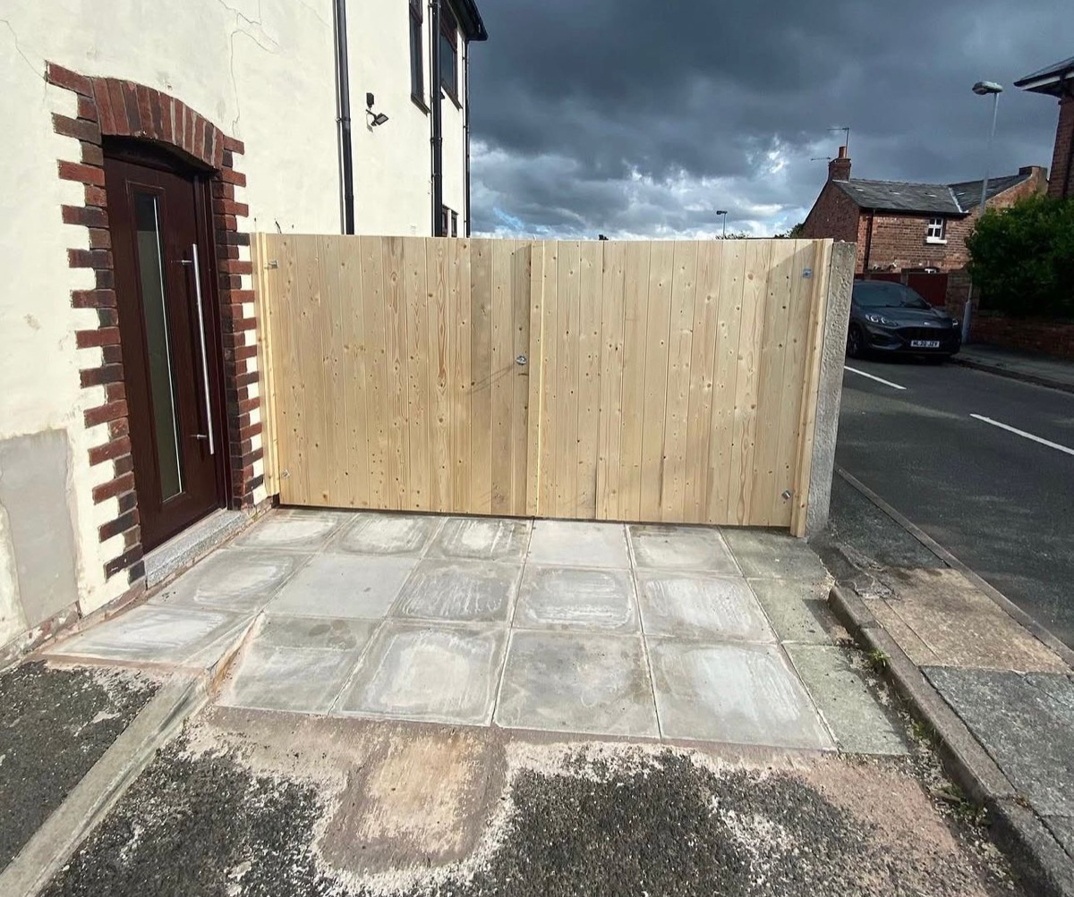 Pine double gates from street, installed in Liverpool residential property