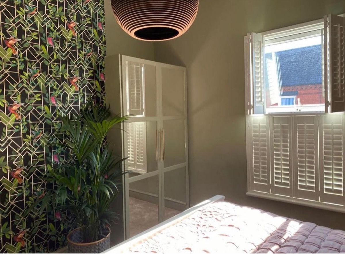 Plantation louvred shutter wardrobes and window shutters, Liverpool bedroom