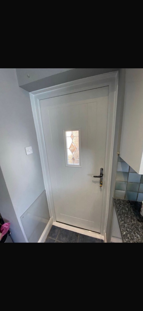 White interior door with leaded diamond glass panel, fitted joinery Liverpool
